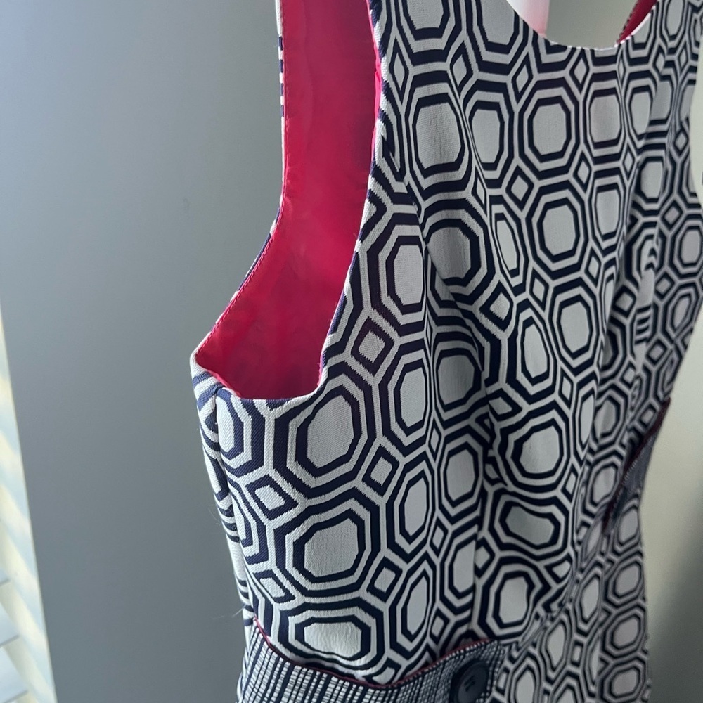 Vintage Geometric Mod Shift Dress Navy White Sleeveless Pockets 14 Retro Chic - Picture 4 of 5